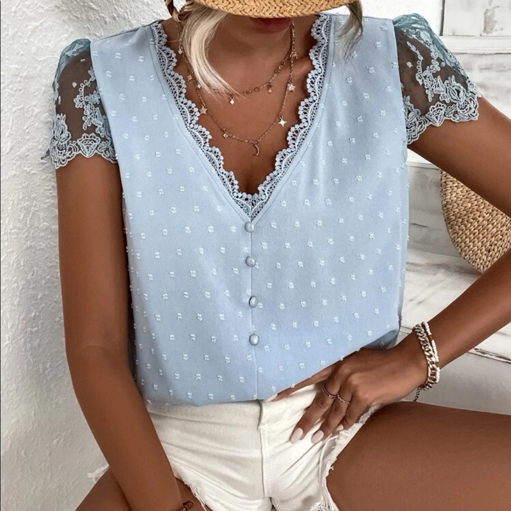 Boho Swiss dot lace trim button detail blouse